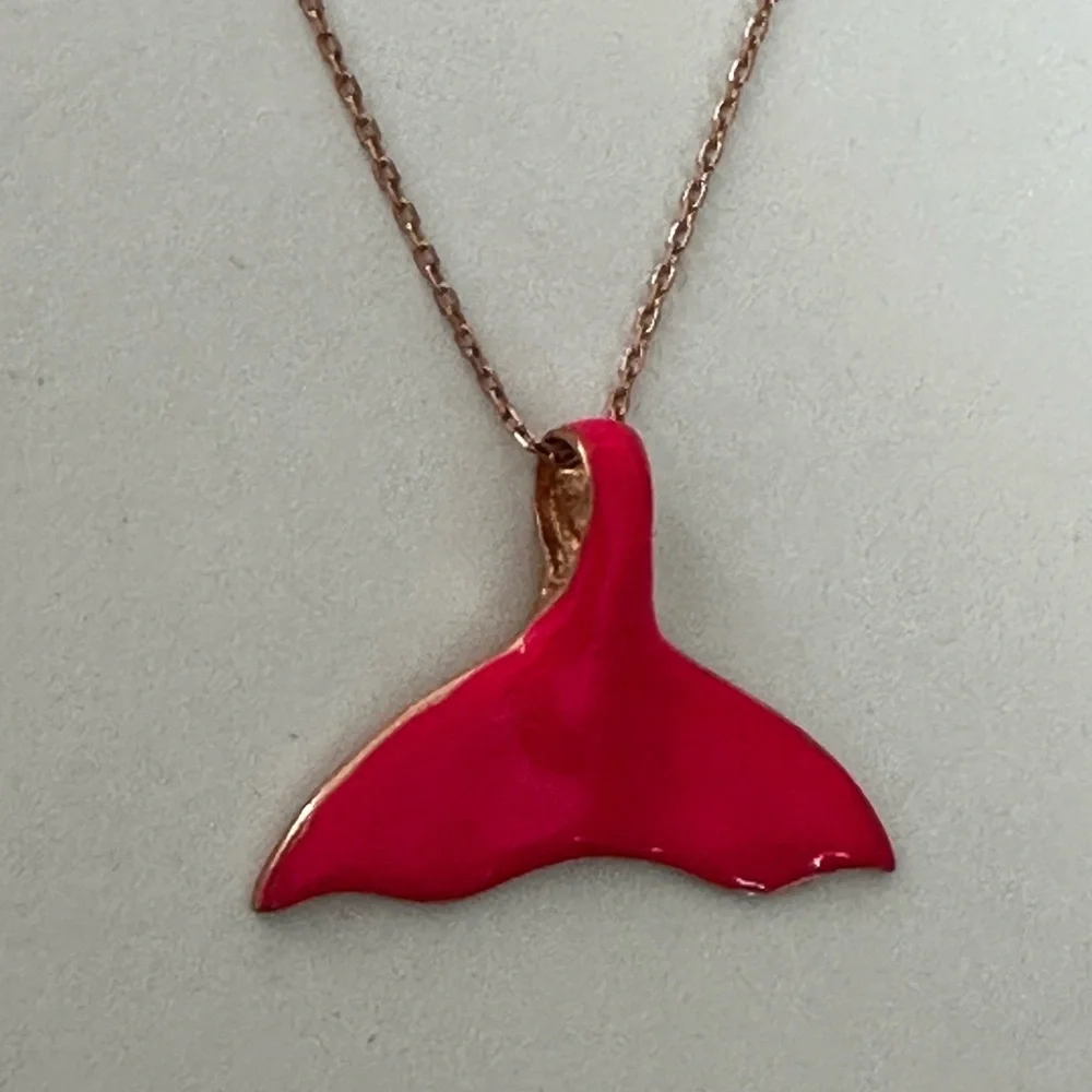 🧜‍♀️ 925 Silver necklace whale tail hand made pink color enamel